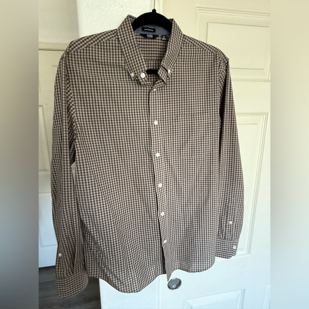 Jones New York Men's Tan Checkered Button Down Shirt